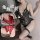 Model wearing black lace passion lingerie set bodysuit with open crotch and fishnet stockings. red version shown in insets.