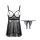 Passion midnight lace sleep set: sheer mesh babydoll with open-crotch design and adjustable straps, paired with matching lace...