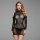 Woman wearing black pearl-embellished semi-turtleneck bodysuit with lace mesh detailing and cut-out shoulders.