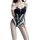 Black lace bodysuit with back-cross tie design, featuring sheer fabric and fishnet stockings, perfect for women seeking elega...