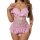 Woman wearing pink lace backless shapewear bodysuit with sheer romantic lingerie design, featuring floral details and bow acc...