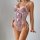 Woman wearing a pink leopard print bodysuit with bow details and lace-up sides.