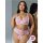 Woman modeling pink romantic lace lingerie set with floral sheer bra and matching panties for date night.