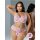Woman modeling pink romantic lace lingerie set with floral sheer details, featuring a bra and panties for date night.