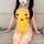 A woman wears a pikachu-themed bodysuit with open crotch design, featuring playful cartoon graphics and white stockings with ...
