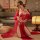 A woman poses elegantly in a red pinxian ancient chinese bodice skirt set, featuring intricate embroidery and flowing fabric,...