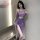 Vintage-inspired sheer purple lingerie set featuring floral patterns, perfect for retro role play costumes.