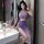 Vintage-inspired sheer purple lingerie set featuring floral patterns, perfect for role play with elegant design elements.