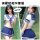 Model wearing playful japanese schoolgirl costume set with cute color-block collar, white crop top and blue pleated skirt for...