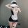 Playful maid costume for women featuring sheer lace design, elegant white apron, and charming accessories. perfect for adding...