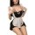 Sexy black and white maid costume with sheer mesh, bow details, and ruffled apron for plus size busty bunny girl look.