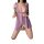 Purple lace lingerie set with deep v-neck and ruffled straps, featuring a flowing skirt and white bow detail.