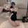 Sexy black floral lace cheongsam lingerie set with open slit and backless design, perfect for women seeking elegant yet darin...