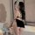 Sexy black floral lace cheongsam lingerie set with open slit and backless design, inspired by traditional chinese elegance.