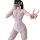 A person wearing a sheer, light pink one-piece swimsuit with spaghetti straps, posing playfully against a white background.