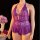 Vibrant purple lace bodysuit featuring halter neck design, cut-outs, and sheer fabric, perfect for women seeking elegant slee...