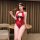 Woman in red lace bodysuit with sheer panels, holding a rose. plus size lace bodysuit sleepwear set - sexy modest sheer tempt...