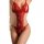 Red lace bodysuit with sheer panels and open-crotch thong design for curvy women.