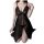 Woman wearing black lace sleep dress with sheer mermaid-style satin, adjustable straps, and deep v-neckline.
