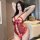 Woman modeling red sheer lace bodysuit with open-crotch design and decorative ties, part of the plus size lingerie bodysuit -...