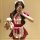 A person wearing a red and white maid costume holding a teddy bear, perfect for cosplay and roleplay fun.