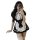 A woman poses in a black and white maid costume, featuring ruffled details and a bow apron, perfect for cosplay or roleplay a...