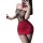 Woman wearing a plus size seductive lingerie set with a black lace top and red secretary skirt.