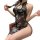 Woman wearing a plus size seductive lingerie set with floral print, featuring a halter neck and side lace-up details.