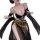 Woman wearing a black plus size sensual lingerie set with gold accents, featuring a fringed bra and sheer skirt.