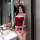 Sexy bunny costume for women featuring a strapless red bra, festive vest, and mini skirt with bunny ears and ribbons, perfect...