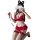 Sexy red lace bra set with sheer chiffon matching panties, neckline harness, fishnet stockings, and cat ears for women.