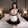 Woman in plus size sexy lace bunny girl costume with sheer mesh, ruffled trim, and maid apron for cosplay.