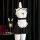 Black and white bunny girl maid costume with lace trim, sheer mesh, ruffled apron, and ears - plus size cosplay outfit.