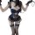 Woman wearing black lace corset bodysuit with underwire, sheer stockings, and gloves. plus size sexy seamless set for women.