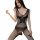 Woman modeling black plus size lace fishnet bodystocking with tear-away sheer mesh and open-crotch design.