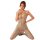 Woman wearing plus size sexy lace fishnet bodystocking with tear-away crotch, sheer mesh lingerie outfit.