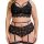 Black lace lingerie set with sheer bra and panty, featuring garter straps for a sexy plus-size look.
