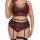 Plus size sexy lace lingerie set with sheer erotic bra and panty, featuring red floral embroidery and garter straps.