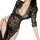 Woman wearing plus size black lace sleepwear set with sheer mesh, high slit, and provocative uniform style on a bed.