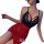 Woman wearing black lace bodysuit with red sheer mesh skirt featuring high slit, provocative uniform style plus size sleepwea...