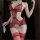 Woman wearing red sheer lace bodysuit with open crotch, bow details, and matching thigh-high stockings.