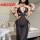 Plus size black sheer lingerie set with gold chains, featuring a deep v-neck and cut-out design for a seductive look.