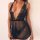 Sheer black polka dot mesh lingerie set with lace trim, deep v-neck, and adjustable straps for women.
