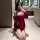 Woman kneeling in bathroom wearing plus size red sheer mesh hanfu-inspired corset lingerie set with overlay top and matching ...