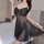 Woman wearing black sheer plus size lingerie nightgown with floral details, flirty and feminine sleepwear set for romantic in...