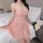 Woman in pink plus size lingerie sleepwear set, flirty nightgown with sheer skirt and floral details, romantic intimate appar...