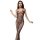 Woman wearing a black sheer lace bodysuit with mesh fishnet stockings and tear-away crotch design.
