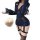 Sexy police role play costume: navy bodysuit with skirt, harness, and fluffy hat for confident women’s cosplay.