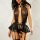 Woman wearing black pu foil-embossed lingerie dress with sheer top, leather skirt, and garters — sexy club outfit.