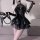 Genuine pu leather devil costume set - seductive role play lingerie outfit for women, featuring a black corset with lace glov...